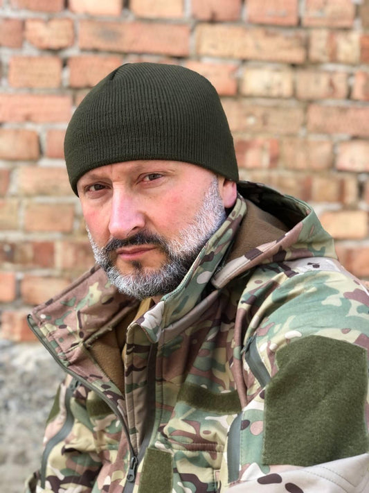 Шапка вязана зимова на флісі Олива
