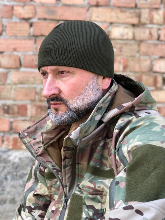 Шапка вязана зимова на флісі Олива